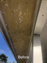 Residential weatherboard repaint job - This soffit previously had acrylic paint straight on top of old enamel which was the reason the paint film was badly flaking. The process I used was to scrape it all off, sand the whole area with an electric sander, apply an oil based undercoat and finish with two top coats of semi gloss acrylic exterior paint.
