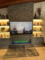 Re-build a new wall with floating shelves and LED/Stone decor