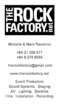 The Rock Factory Business Card - Event Production, Sound PA Systems, Lighting, Stages, AV, Backline - hire and installation